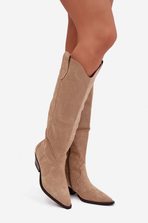 Stivali lunghi cowboy imbottiti con tacco in suede sintetico color sabbia Jovianne