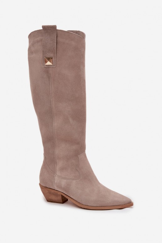 Stivali alti cowboy in ecopelle color cappuccino con imbottitura Zazoo 4224