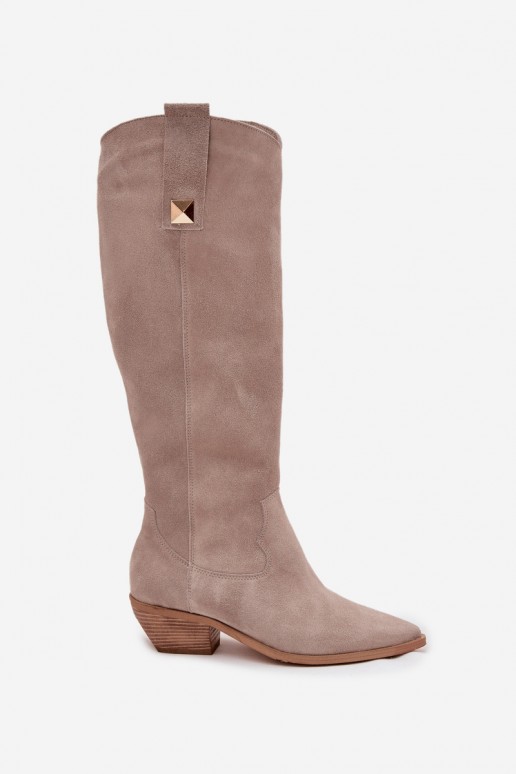 Stivali alti cowboy in ecopelle color cappuccino con imbottitura Zazoo 4224