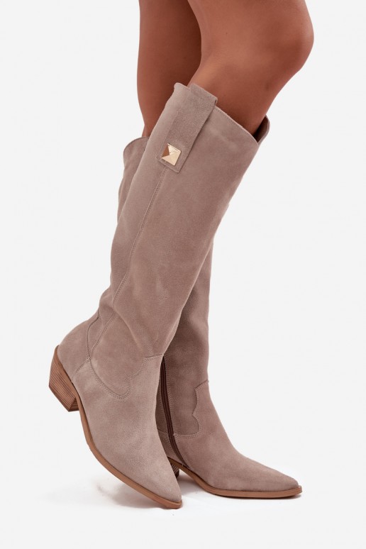 Stivali alti cowboy in ecopelle color cappuccino con imbottitura Zazoo 4224