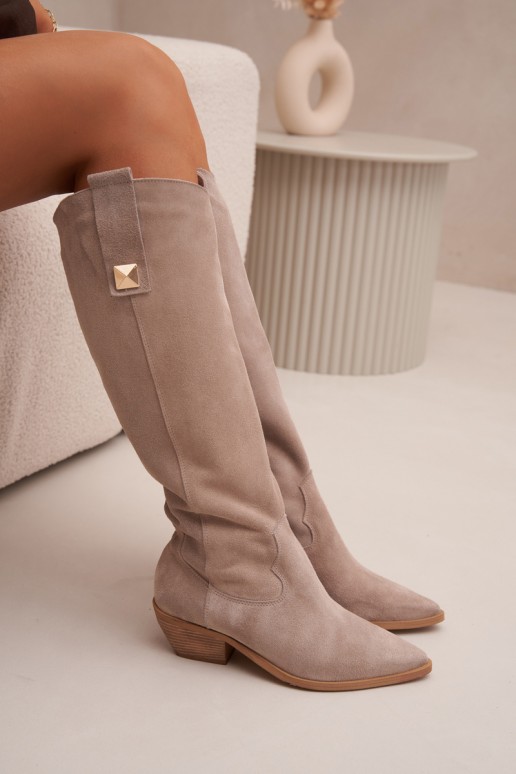 Stivali alti cowboy in ecopelle color cappuccino con imbottitura Zazoo 4224