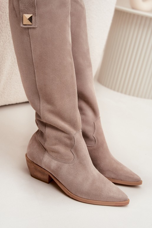 Stivali alti cowboy in ecopelle color cappuccino con imbottitura Zazoo 4224