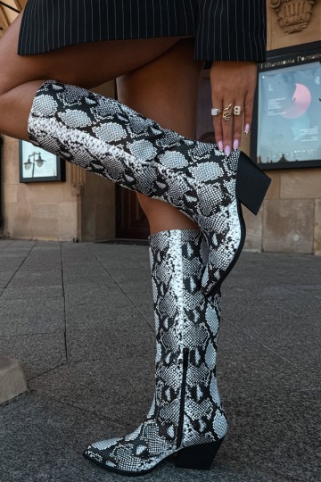 stivali alti foderati in stile cowboy con motivi a serpente in colore nero Bellina