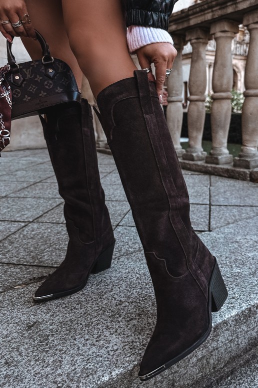 Stivali alti in stile cowboy con tacco in suede sintetico marrone