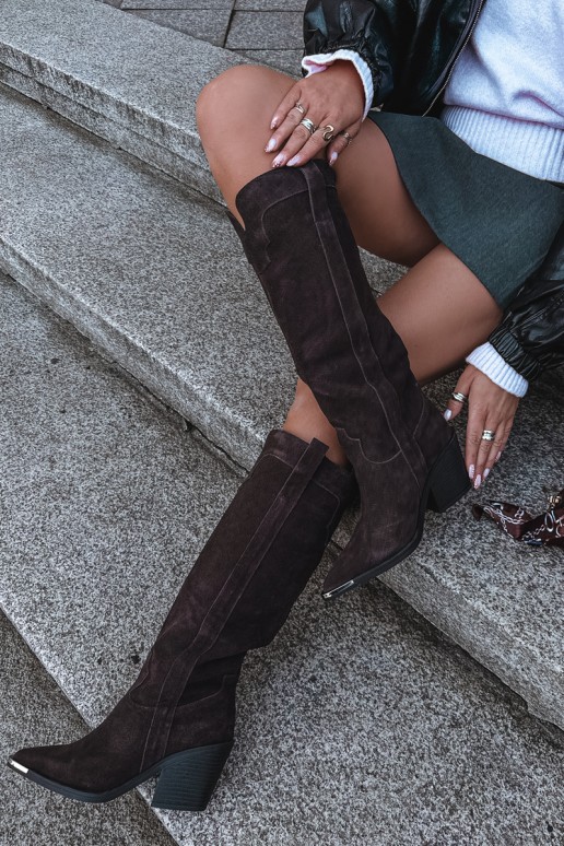 Stivali alti in stile cowboy con tacco in suede sintetico marrone