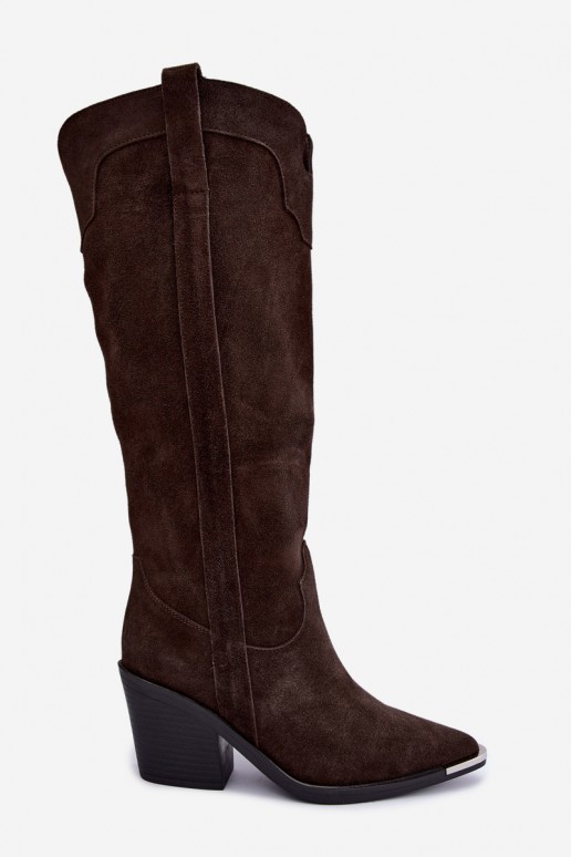 Stivali alti in stile cowboy con tacco in suede sintetico marrone