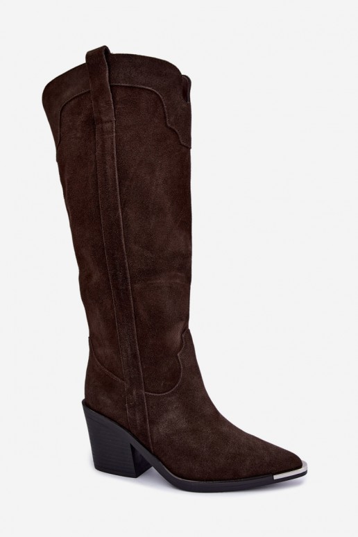 Stivali alti in stile cowboy con tacco in suede sintetico marrone