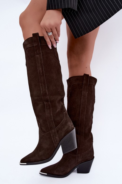 Stivali alti in stile cowboy con tacco in suede sintetico marrone