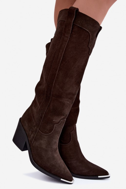 Stivali alti in stile cowboy con tacco in suede sintetico marrone
