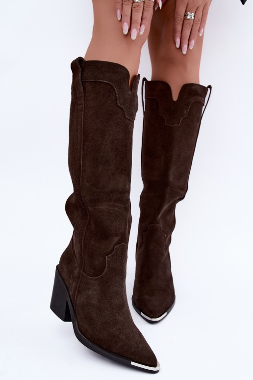 Stivali alti in stile cowboy con tacco in suede sintetico marrone