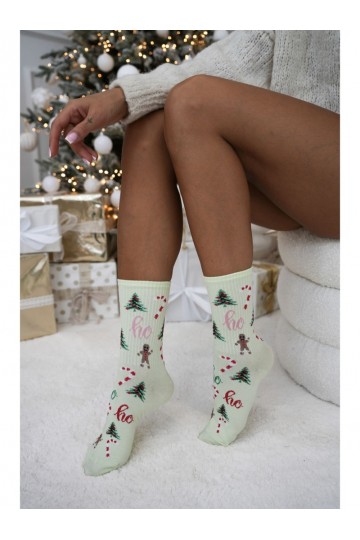 Calzini pistacchio da donna con alberi di Natale Ho Ho Ho