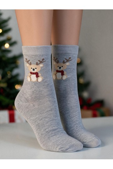 Calze per bambini con orsetto di Natale e corna in grigio