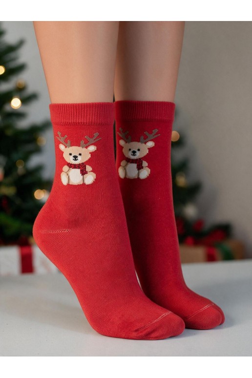 Calze per bambini con orsetto di Natale e corna in rosso