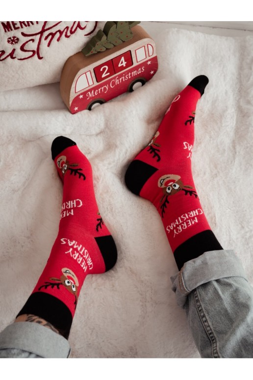 Calze da uomo con renne di Natale e testo MERRY CHRISTMAS in rosso