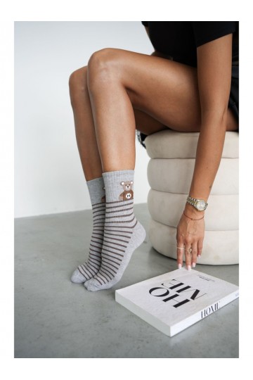 Calze da donna con orsetti e righe in grigio