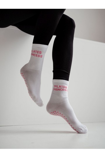 Calze da donna antiscivolo PILATES PRINCESS bianche con motivi rosa