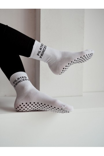Calze da donna antiscivolo PILATES PRINCESS bianche con motivi neri