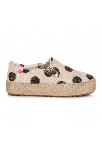 Scarpe in tessuto crema alla moda per bambini con zip decorativa e pois neri K1645004NE 2