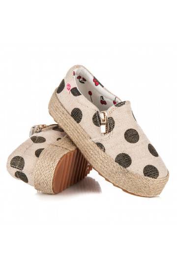 Scarpe in tessuto crema alla moda per bambini con zip decorativa e pois neri K1645004NE