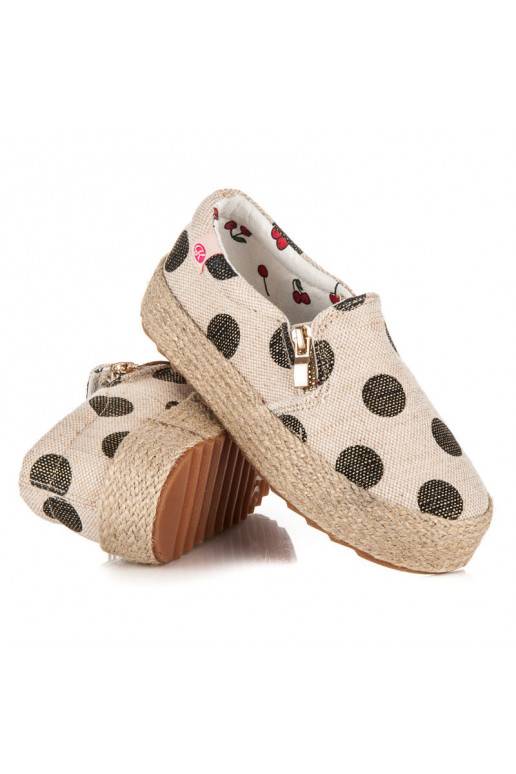 Vaikiški madingi kreminės spalvos tekstiliniai batai su dekoratyviniu užtrauktuku ir juodais taškeliais K1645004NE  - 2