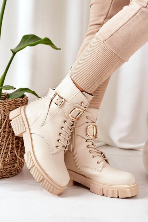 Stivali riscaldati con fibbie dorate in beige