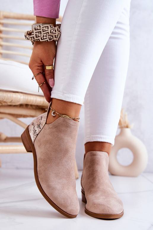 Stivaletti Stephanie beige in pelle scamosciata con stampa serpente