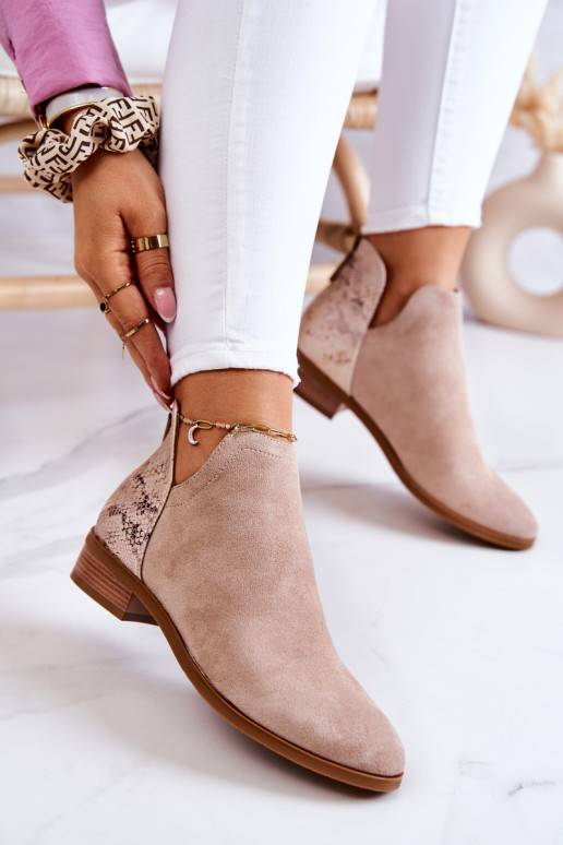 Stivaletti Stephanie beige in pelle scamosciata con stampa serpente
