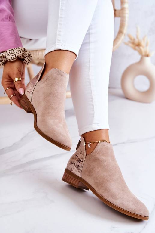 Stivaletti Stephanie beige in pelle scamosciata con stampa serpente