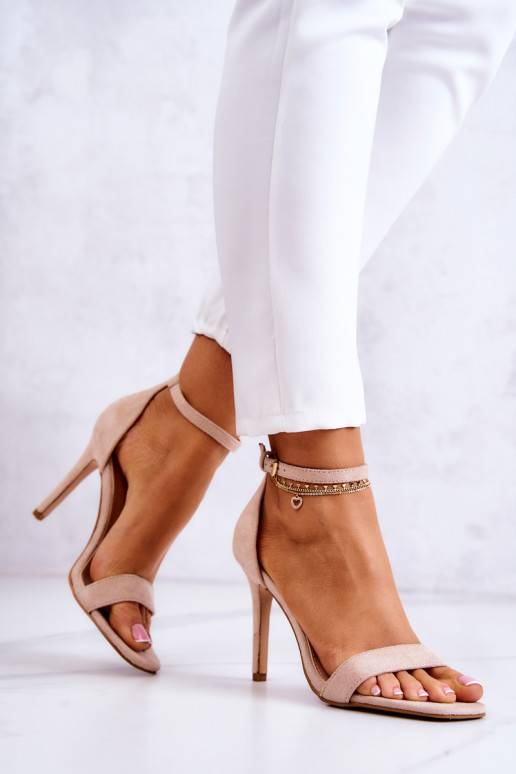 Sandalo da donna con tacco sottile in camoscio beige Massimo