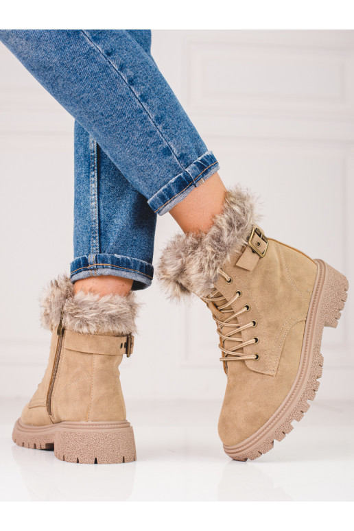 Stivali da donna beige scuro con pelliccia Shelovet