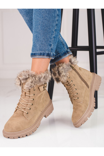 Stivali da donna beige scuro con pelliccia Shelovet