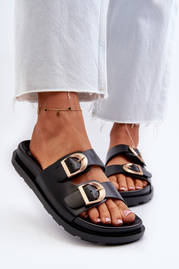 Pantofole nere da donna in pelle artificiale con fibbie Valmira