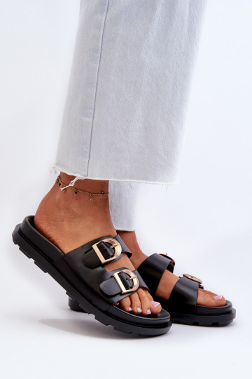 Pantofole nere da donna in pelle artificiale con fibbie Valmira 2