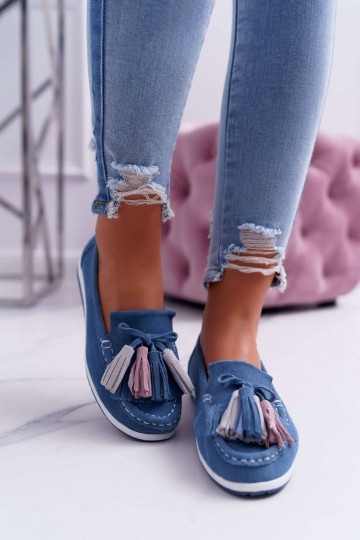 Mocassini in camoscio con nappine in Dorine blu 2