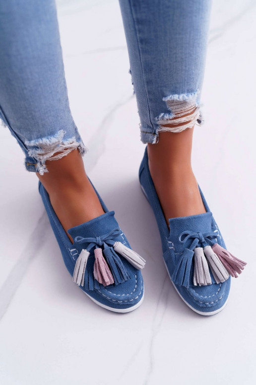 Mocassini in camoscio con nappine in Dorine blu