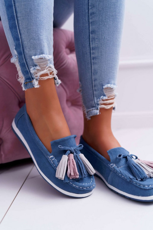 Mocassini in camoscio con nappine in Dorine blu