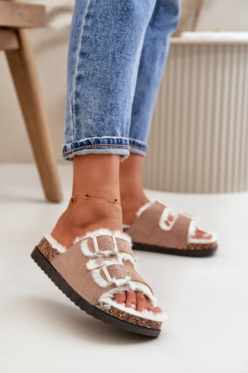 Femminile Pantofole Pantofole con fibbie e una pelliccia beige Ezilena 2