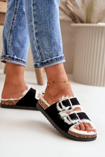 Femminile Pantofole Pantofole con fibbie e una pelliccia colore nero Ezilena 2