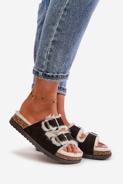 Femminile Pantofole Pantofole con fibbie e una pelliccia colore nero Ezilena