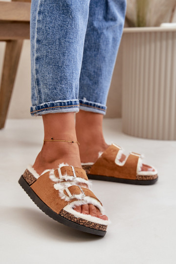 Femminile Pantofole Pantofole con fibbie e una pelliccia colore marrone Ezilena 2
