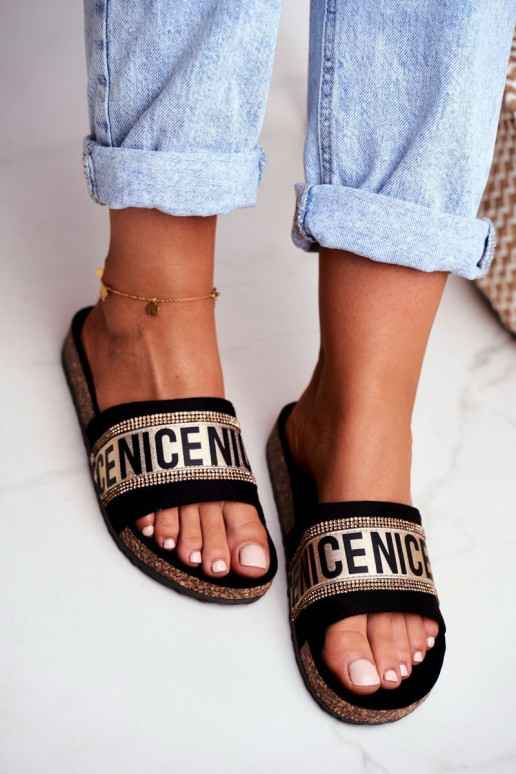 Pantofole con occhielli scintillanti Nero e oro Be Nice