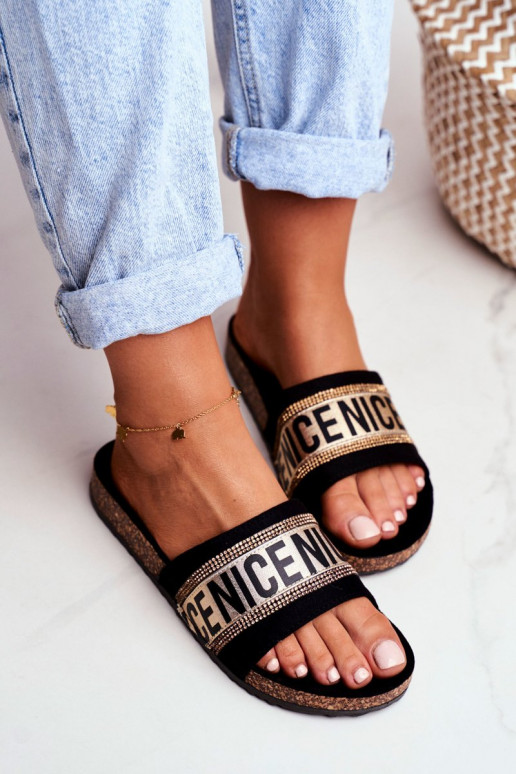 Pantofole con occhielli scintillanti Nero e oro Be Nice