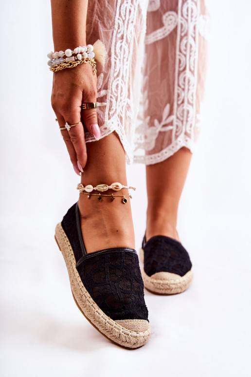 Espadrillas modello classico con elementi traforati in Catris nero Espadrillas modello classico con elementi traforati in Catris nero
