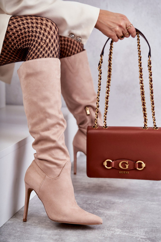 Stivali lunghi Ameya in pelle scamosciata modello classico con tacco sottile in colore beige