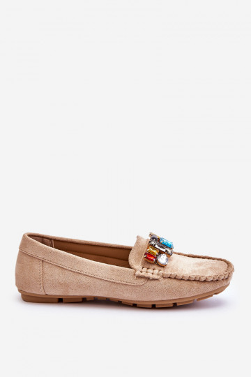 Eleganti mocassini in camoscio con occhielli lucenti in Lucille beige