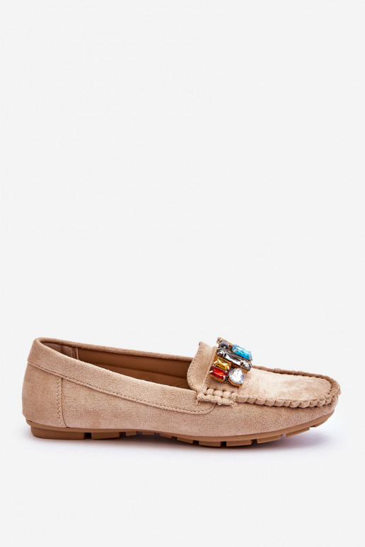 Eleganti mocassini in camoscio con occhielli lucenti in Lucille beige
