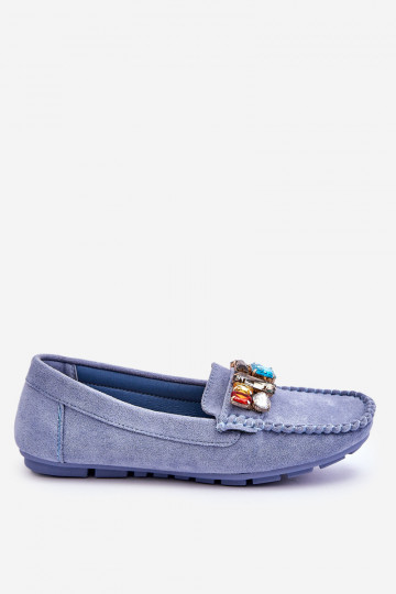 Eleganti mocassini in camoscio con occhielli lucenti in lucille blu