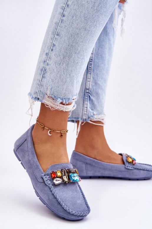 Eleganti mocassini in camoscio con occhielli lucenti in lucille blu Eleganti mocassini in camoscio con occhielli lucenti in lucille blu