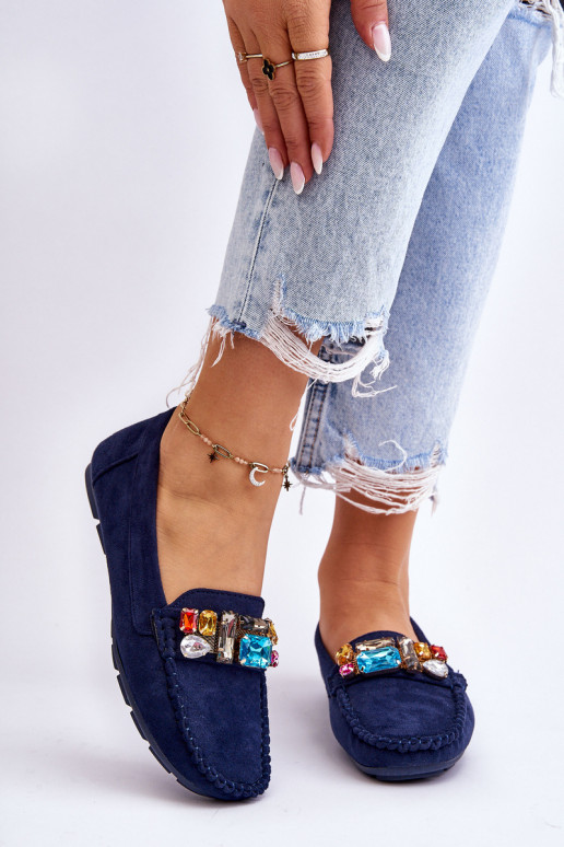 Eleganti mocassini in camoscio con occhielli lucenti in Lucille blu scuro Eleganti mocassini in camoscio con occhielli lucenti in Lucille blu scuro