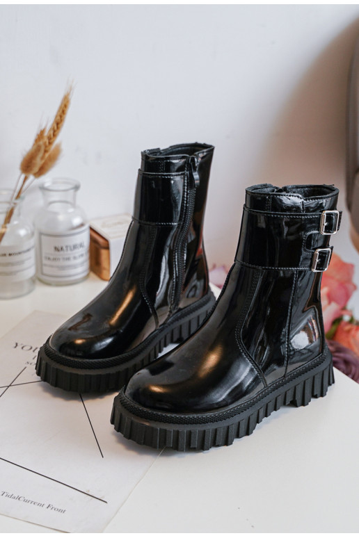 Stivali Bambini con effetto laccato con fibbie in colore nero Chloraia